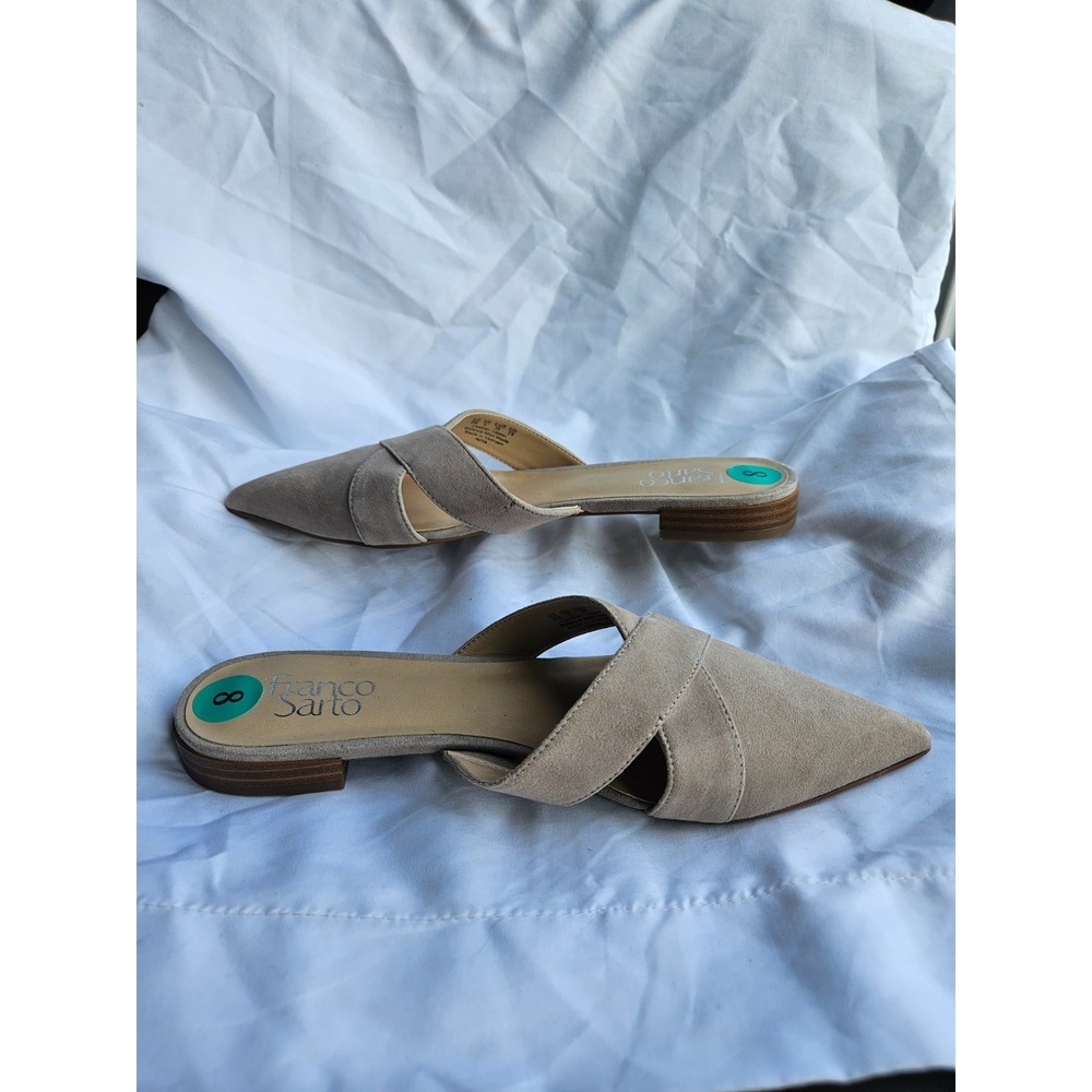 Franco Sarto Nita Taupe Suede Mule 8M Pointed Toe Cutout Quiet Luxury Chic